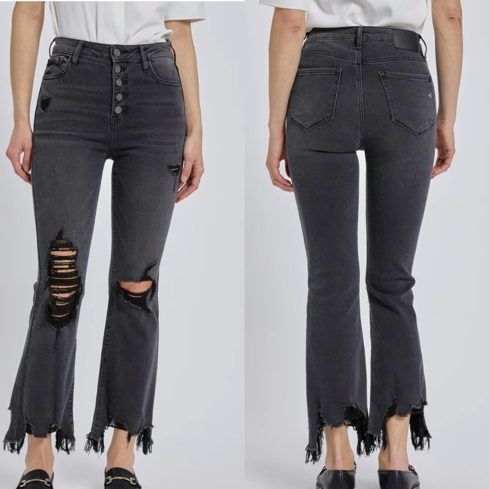 Hidden Happi Black Exposed Button Frayed Hem Cropped Flare Jeans
